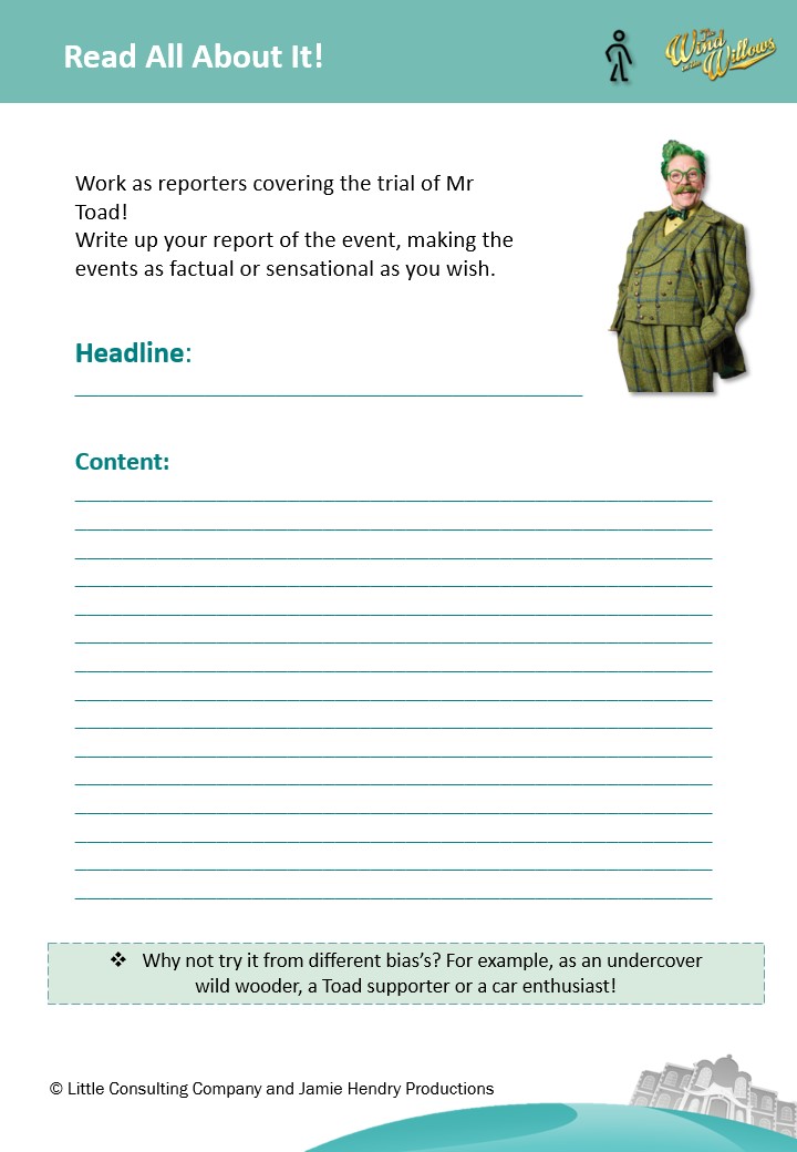 jhpuk's tweet image. Welcome to #WillowsWednesday - Week 4!
We want you to imagine that you're a news reporter at Mr Toads trial! Write us a front page piece on the trial giving us as much detail as possible! 
Send to us/tag us in your newspaper creations to share!

@WillowsMusical #kidsactivities