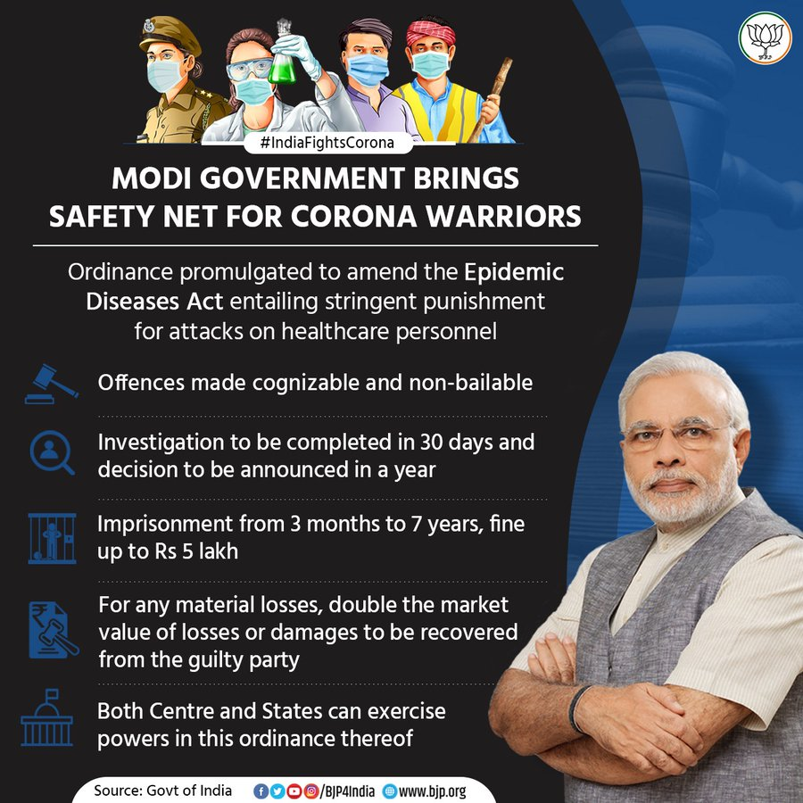PrakashJavdekar's tweet photo. Modi government brings safety net for Corona Warriors. Attacks against the life saviours will not be tolerated.

Ordinance promulgated to amend the Epidemic Diseases Act entailing stringent punishment for attacks on healthcare personnel. 

#IndiaFightsCorona https://t.co/N4yWZSi8OD