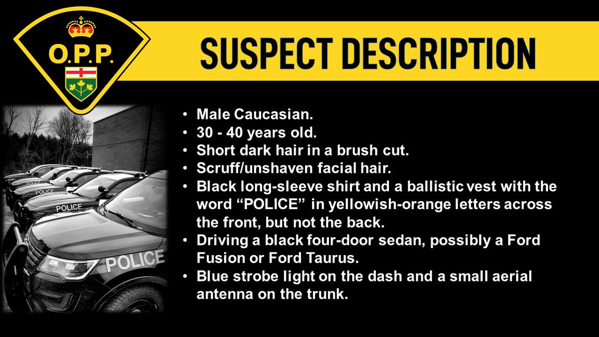 KatCallaghan's tweet photo. Wellington OPP are looking for someone impersonating a police officer. Someone was pulled over and asked about “essential worker” status, which the OPP does NOT do. Call 911 if you believe the person who pulled you over is not a police officer. #FoxKat915 https://t.co/mOYyl3lBCe