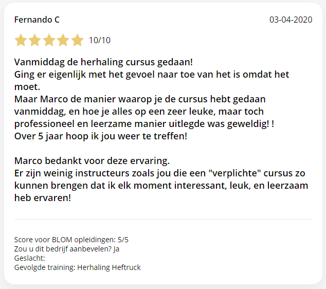 blomopleidingen's tweet photo. [#CURSIST] Onderstaande review maakt ons erg trots! Hoe mooi is het als een instructeur een gevoel van MOETEN bij de cursist ombuigt naar ik een WAARDEVOLLE ervaring. Top gedaan! #opleiden #leren #mens #heftruck #heftruckcertificaat #cursus #Feedback #review #referentie https://t.co/4QHuxUY3Te