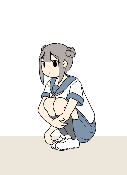 1girl flat color solo hair bun double bun school uniform squatting  illustration images