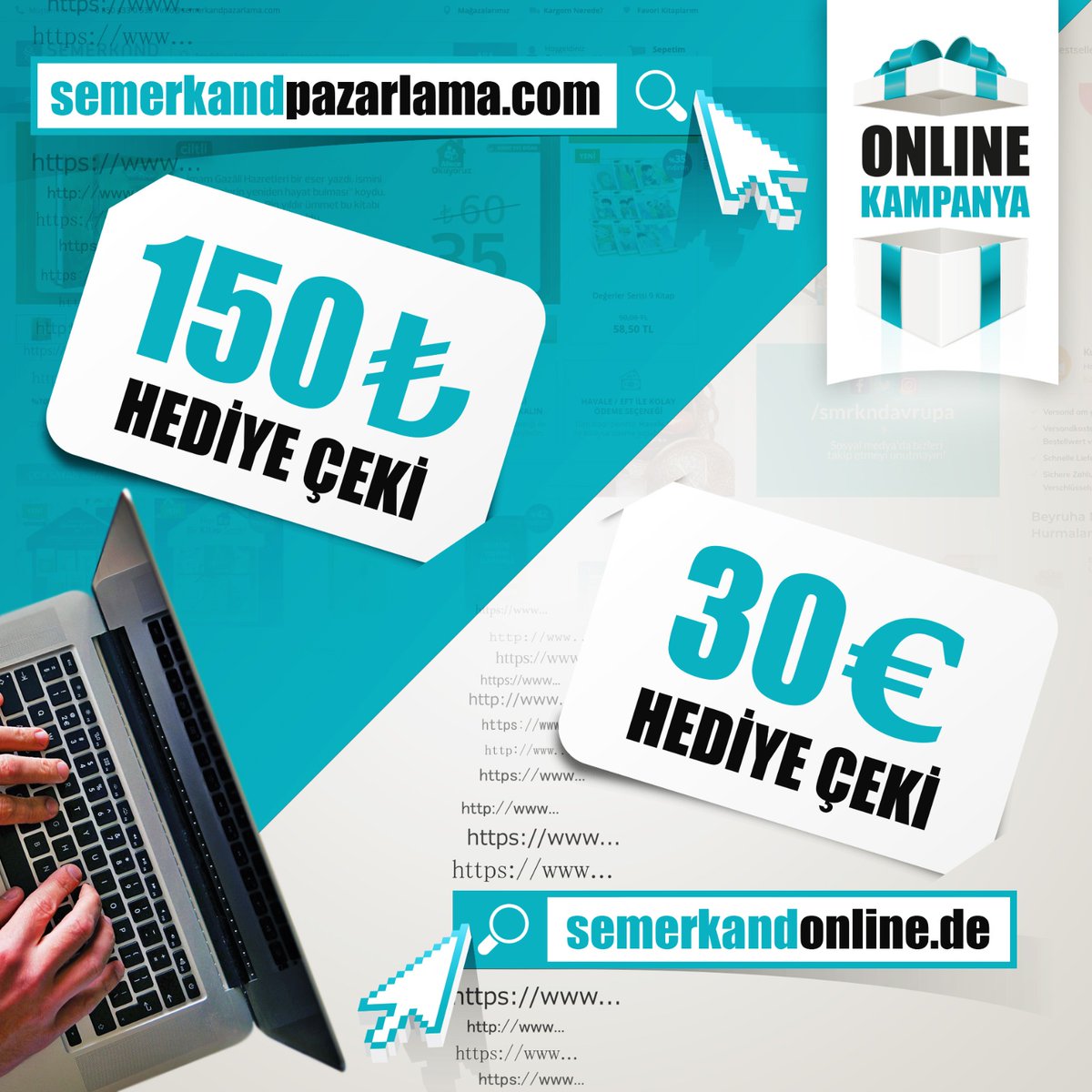 📚ONLİNE KAMPANYA

Bu tweeti RT eden;

@SmrkndPazarlama yı takip eden Türkiye'den bir takipçimize semerkandpazarlama.com da 150₺ hediye çeki!

<a href="/SmrkndAvrupa/">Semerkand Avrupa</a> yı takip eden Avrupa'dan bir takipçimize semerkandonline.de de 30€ hediye çeki!

*Profilde konum bilgisi olmalıdır.