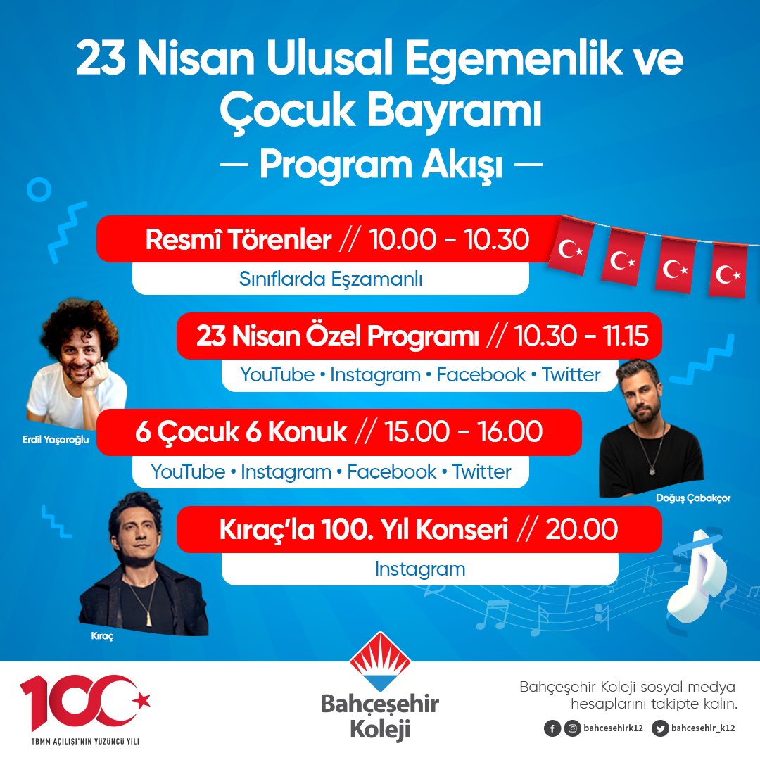 23 Nisan Coşkumuz Evimizden Büyüsün! 
TBMM’nin 100. Yılında bu coşkuyu birlikte yaşamak için 23 Nisan’da Bahçeşehir Koleji sosyal medya hesaplarını takipte kalın! 🤗

#bahçeşehirkoleji ❤️💙
#23Nisan 🇹🇷
#TBMM100Yaşında 🎊