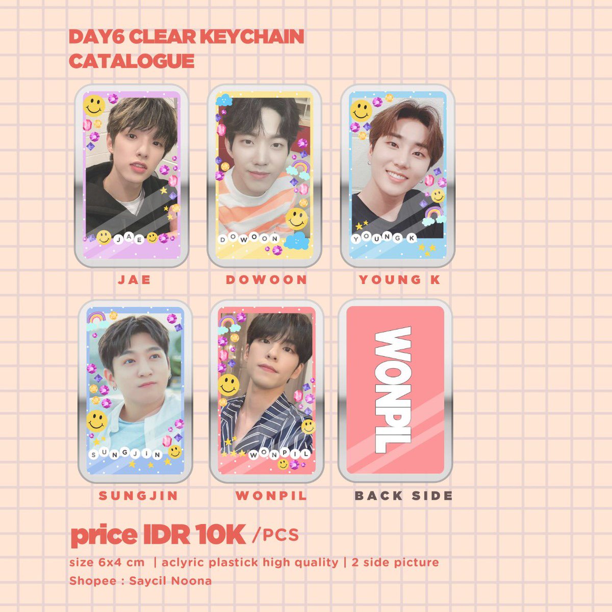 NoonaSaycil's tweet photo. 🌸 CLEAR KEYCHAIN 🌸
Keterangan :
Bahan : Aklirik high quality (tebal)
Ukuran : 6x4 cm
2 sides image (gambar bolak balik)
Harga :
10k/each .
Pengerjaan 1-3 hari✨✨ Order bisa langsung Shopee : Saycil.noona #saycilkeychain #bysaycil
Group Katalog :
iKON, DAY6, BTS, EXO https://t.co/M8xMK5UfnT