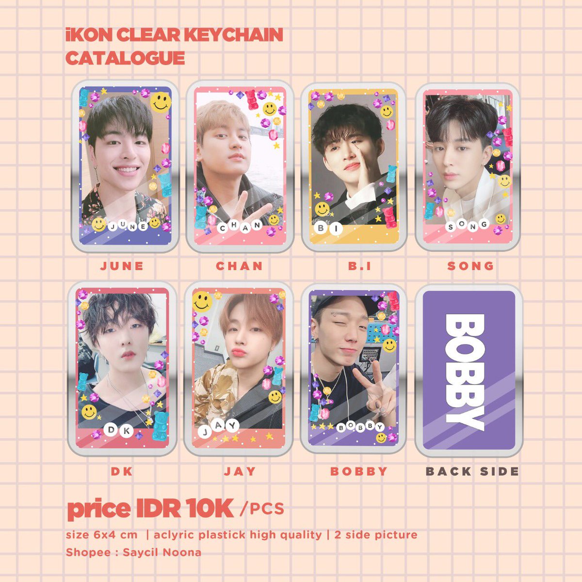 NoonaSaycil's tweet photo. 🌸 CLEAR KEYCHAIN 🌸
Keterangan :
Bahan : Aklirik high quality (tebal)
Ukuran : 6x4 cm
2 sides image (gambar bolak balik)
Harga :
10k/each .
Pengerjaan 1-3 hari✨✨ Order bisa langsung Shopee : Saycil.noona #saycilkeychain #bysaycil
Group Katalog :
iKON, DAY6, BTS, EXO https://t.co/M8xMK5UfnT