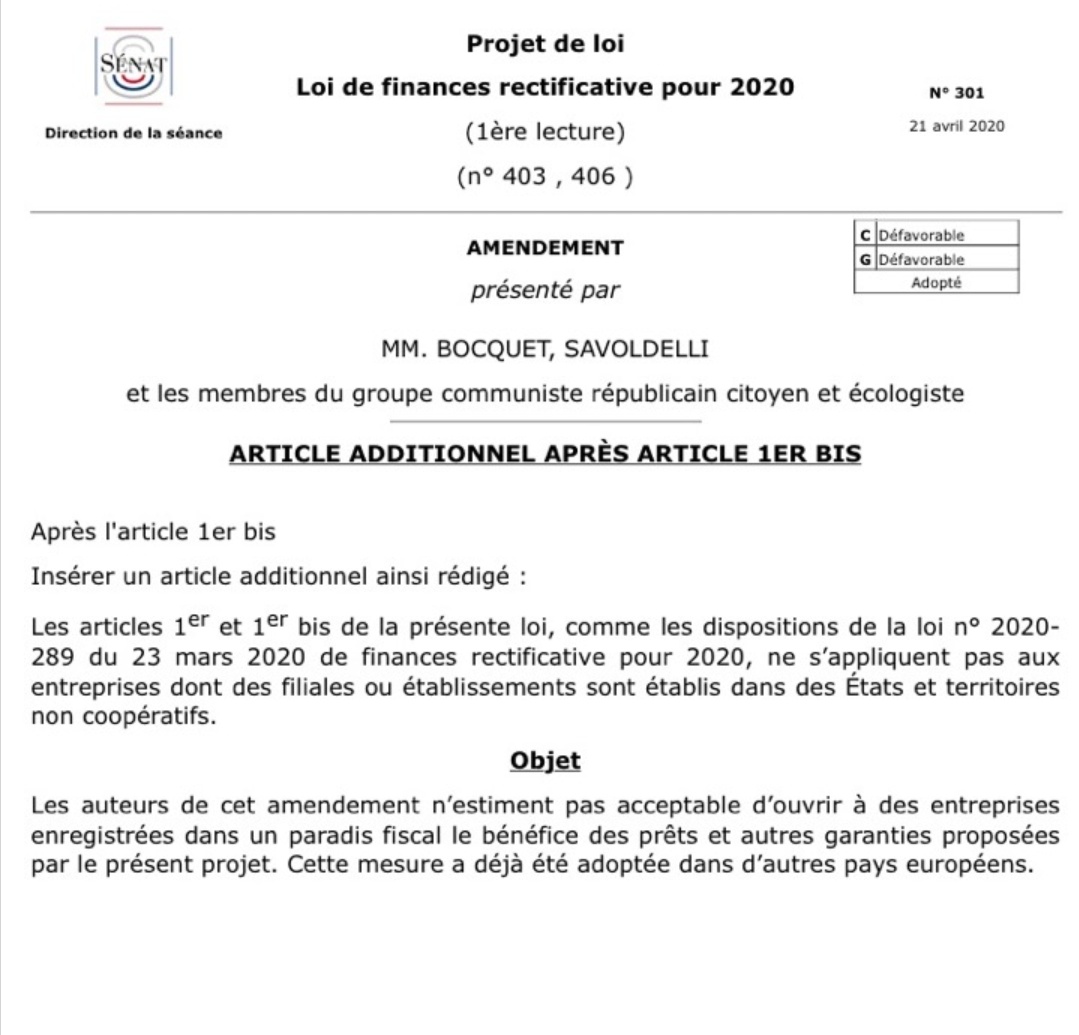 Bonne nouvelle ! Le  @senat vient de voter un amendement qui exclut des aides d'urgence  #Covid19 les entreprises qui disposent de filiales ou établissements enregistrés dans les paradis fiscaux ! Mais, comme d'habitude, le diable se cache dans les détails. 1/ 