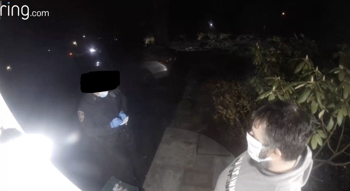 [Law & Order sound]Officer arrives at witnesses house. Both officer and witness are wearing masks, officer wearing gloves, both standing on driveway obeying social distancing. Attached photo, EXHIBIT B, redacted to protect identity of the Officer.(14)