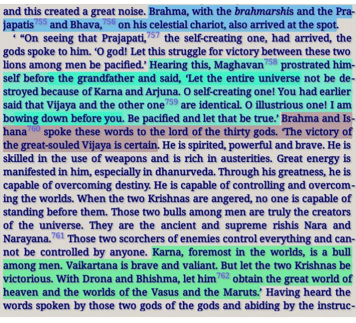 (6) When All The Gods Were Anxious About Who Will Win Between  #Karna &  #Arjuna, #Indra Begged Before Lord Brahma & Shiva For Arjuna's Victory .This Incident Is Just Before The Final Battle.Indra Know That Krishna,Shiva &Hanuman There To Protect Arjuna.Still.Karnaparva,Chap 63