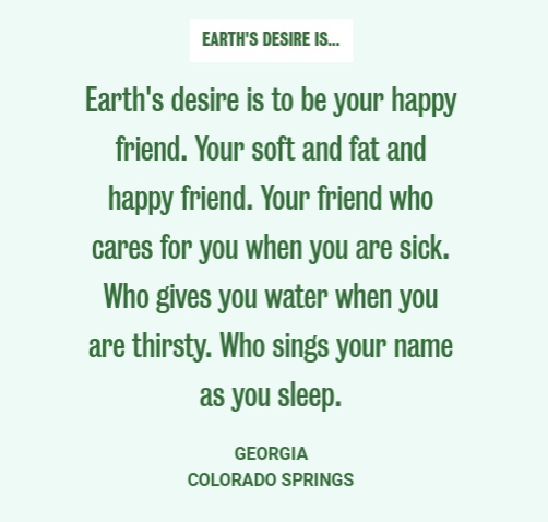 EarthEthicsCtr's tweet photo. Happy #EarthDay2020🌍! Exciting to be sharing today with @WickPoetry Center & all of you - by considering what it is the Earth has to say... What does she want us to know? What is the Earth's Desire? Add your response... https://t.co/n82v7I8osG #EarthStanzas #poetsforscience https://t.co/ZgUyz05uIL