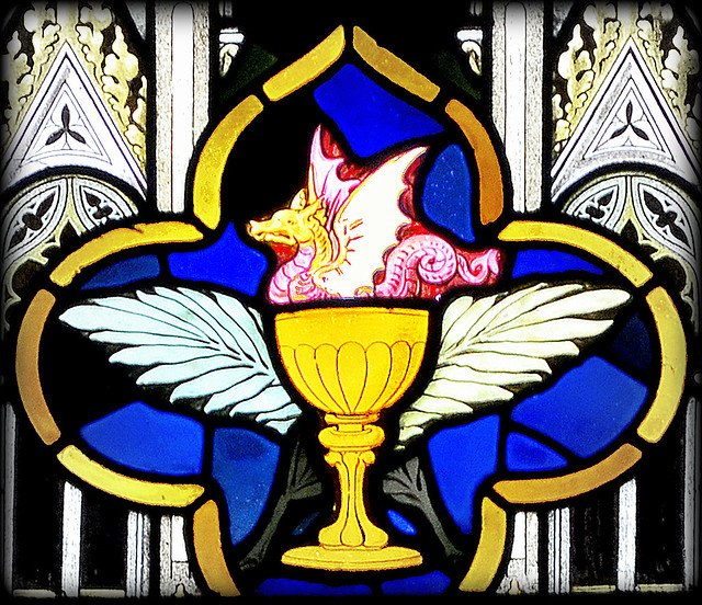 Pink Dragon in Champagne. Or St John's Snake and Chalice. #Dragonsinchurches #Glasgow #Scotland