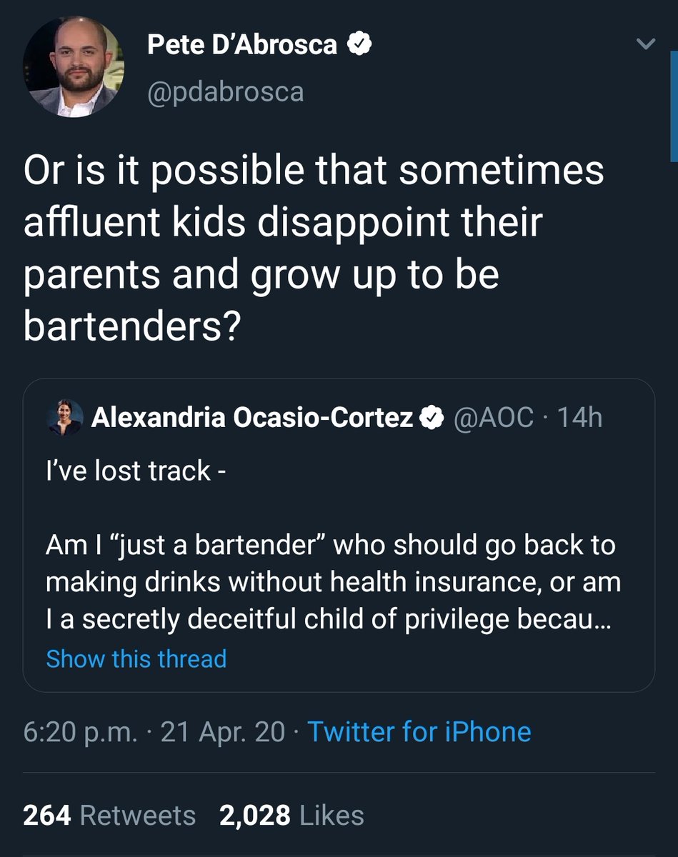 By the way, this was the tweet she was responding toI dislike AOC as much as anyone, but nothing is gained by this. This only serves as fuel for her calling the right classist, and her base eats it upThis doesn't win anyone over, this only makes conservatives look like snobs