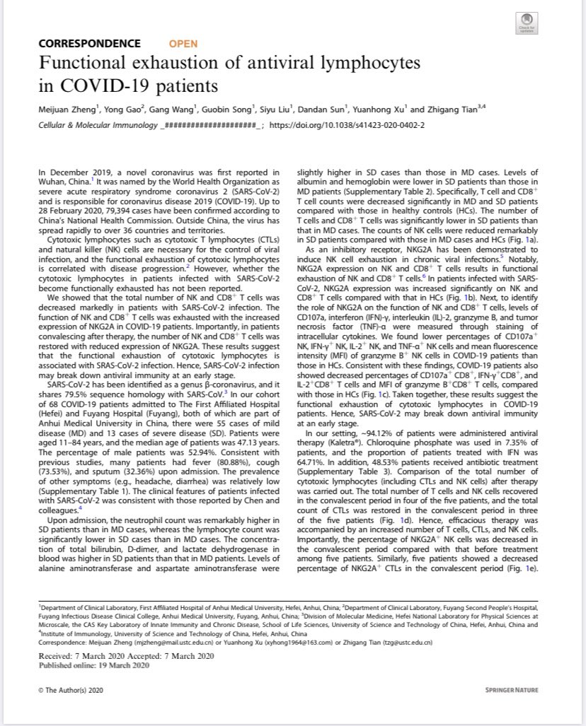 In another recent research dt. 7th March 2020 it shows that Anti Viral treatment on COVID-19 patients diminishes the immune system decreasing amount of T Cells & Lymphocytes essential for a functional immune system.