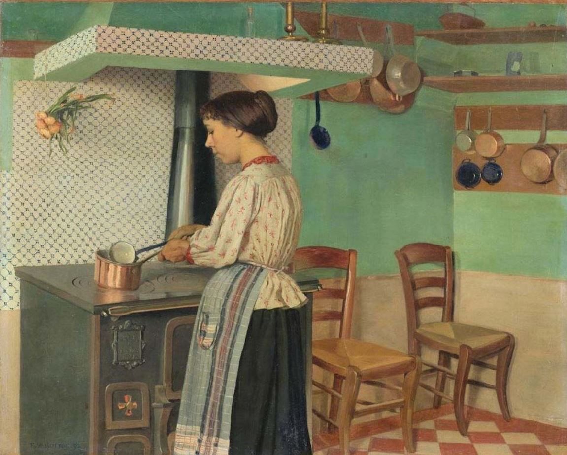 HWarlow's tweet image. The detail here is very good.  The onions.? hanging up look a bit solitary love the copper pans.  Félix Vallotton  ( 1865-1925 Swiss / French.  Associated with Les Nabis.  His Woodcuts brought him international recognition .  ‘Le Cuisiniere’