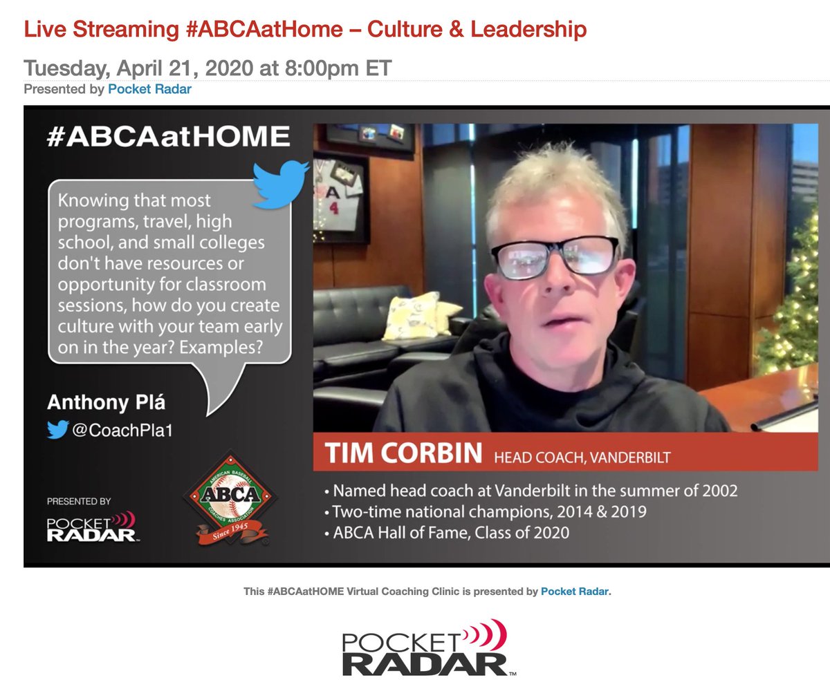 ABCA1945's tweet photo. Over 2,400 coaches joined us for last night’s #ABCAatHOME Culture &amp; Leadership Perspectives presented by @PocketRadar!

Thanks to all the coaches that submitted questions to the panel! 

The full clinic + additional supplements will be archived in the ABCA Resource Library soon! https://t.co/KSOdtjrr7W