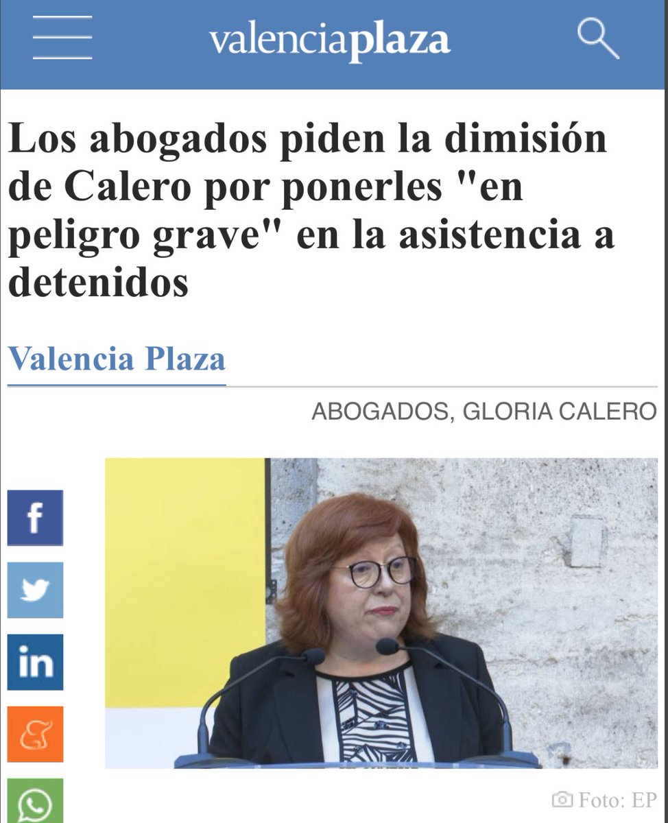 El Consejo Valenciano de Colegios de Abogados pide la dimisión de la delegada del Gobierno en la CV, Gloria Calero:

“Muestra un desconocimiento total sobre sus competencias y pone en peligro grave" a los letrados en las asistencias a detenidos. 👇🏼

valenciaplaza.com/abogados-piden…