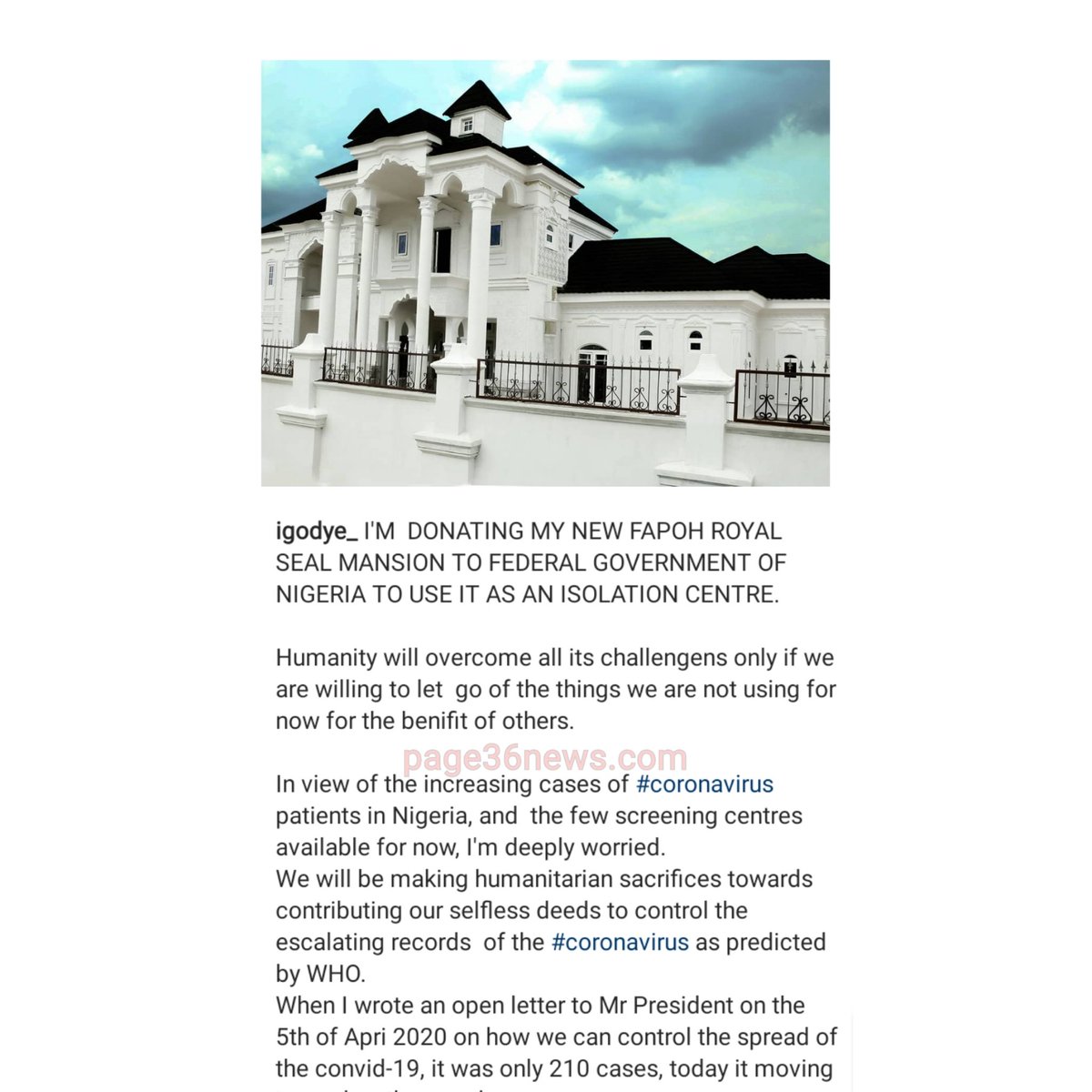 page36news's tweet photo. Comedian, #IGoDye, Donates His New Faroh Royal Seal Mansion To The Federal Government, To Use As An Isolation Centre.
VISIT https://t.co/XduqfBGmIy https://t.co/dHEZnj3QBt