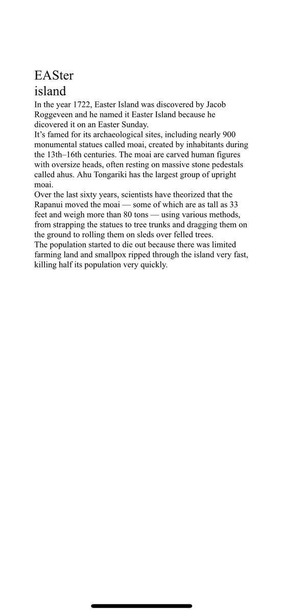 MHCHSGeography's tweet photo. An Easter Island factfile created by Oscar in Year 8. Do you know the history of Easter Island? Have a read. Great job Oscar. #EarthDay2020 https://t.co/tAqx9zhxM9