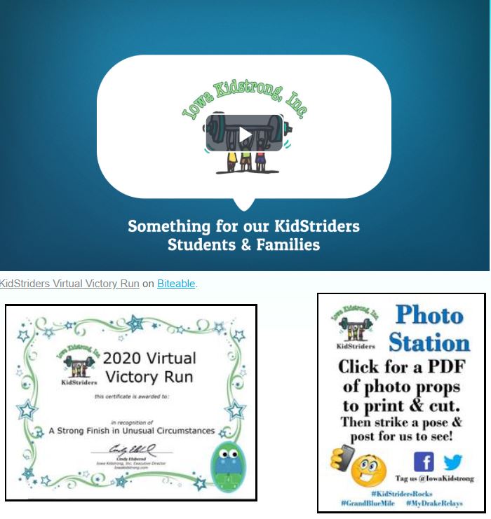 IowaKidstrong's tweet photo. Enjoy this #KidStridersRocks Virtual Victory Run to celebrate the #GrandBlueMile &amp; #MyDrakeRelays. 
You can even print out a Finisher Certificate &amp; photo props by clicking on the KidStriders Photo Station on the page. Use them &amp; post w/hashtags. Have FUN!
https://t.co/V5mnEXzGed https://t.co/7UFUWajetW