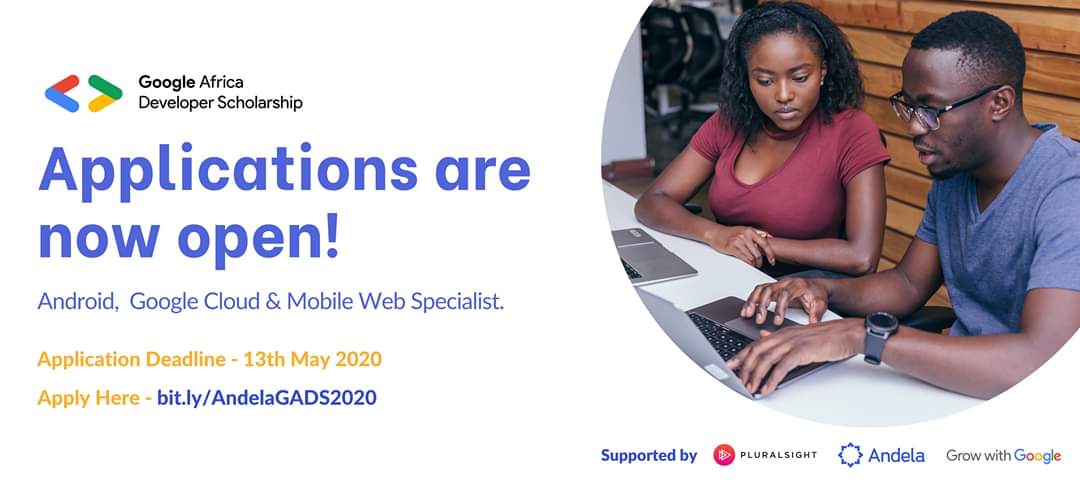 Google Africa Developer Scholarship Program 2020 is Live! 🙌🏾

<a href="/googleafrica/">Google in Africa</a>, <a href="/Andela/">Andela</a>, and <a href="/pluralsight/">Pluralsight</a> are giving you the opportunity to advance your skills in :
✅Android
✅Mobile Web
✅Google Cloud

Learn more and apply here: bit.ly/AndelaGADS2020

#GADS2020
