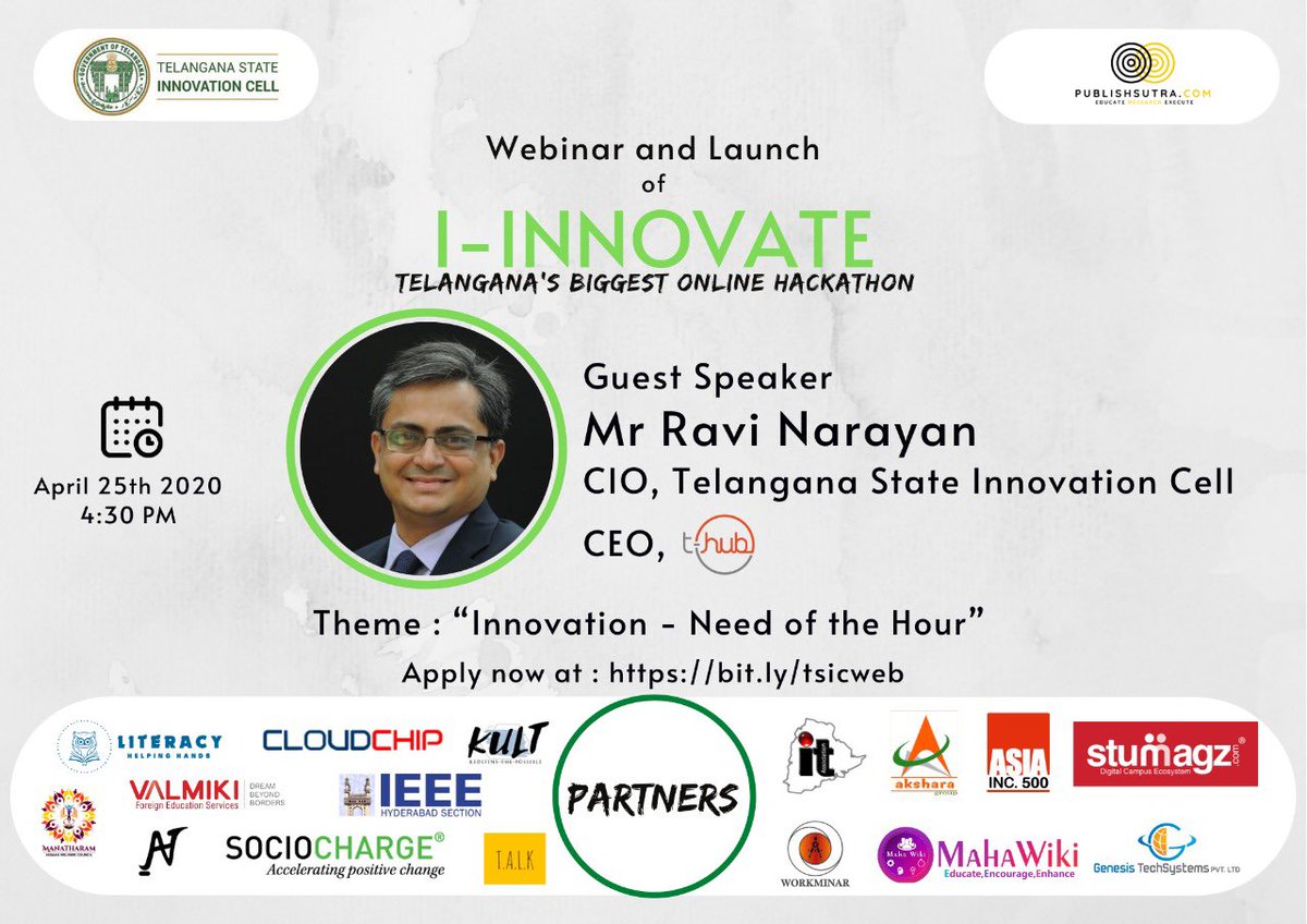 teamTGIC's tweet photo. Join us at the webinar and launch of the I-INOVATE Hackathon with the Chief Innovation officer of Telangana  and CEO of @THubHyd, @ravignarayan on 25th April 2020 at 4:30 pm. To apply visit : https://t.co/iwUSiPUvlI 
Limited Registrations only ! Hurry up and apply now. @KTRTRS https://t.co/w1ZCaggyYg