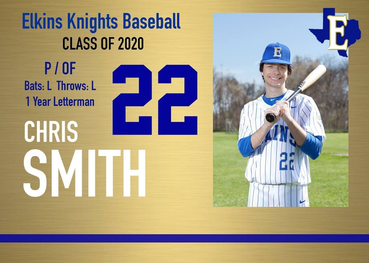 ElkinsKnights's tweet photo. Senior Spotlight: #22 | Christopher Smith | LHP/OF
Attending New York University Tisch School for the Arts, majoring in Film. #swordsup #roundrock #gd2bak @EHS_Knightswire @ElkinsKBC https://t.co/fLaABqBnz2