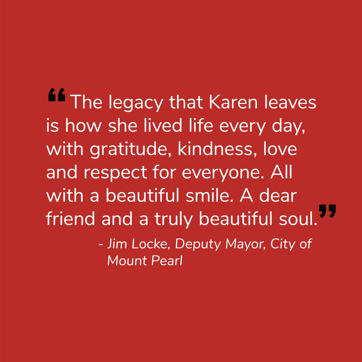 Mount_Pearl's tweet photo. Thank you Karen Jones. 

Karen loved to help others and was always an active member of the community. Her friendly face was a gift to everyone in her presence, and her compassionate and giving spirit was unmistakable.

You are sadly missed but never forgotten.

#NVW2020 https://t.co/m26rlXDt65