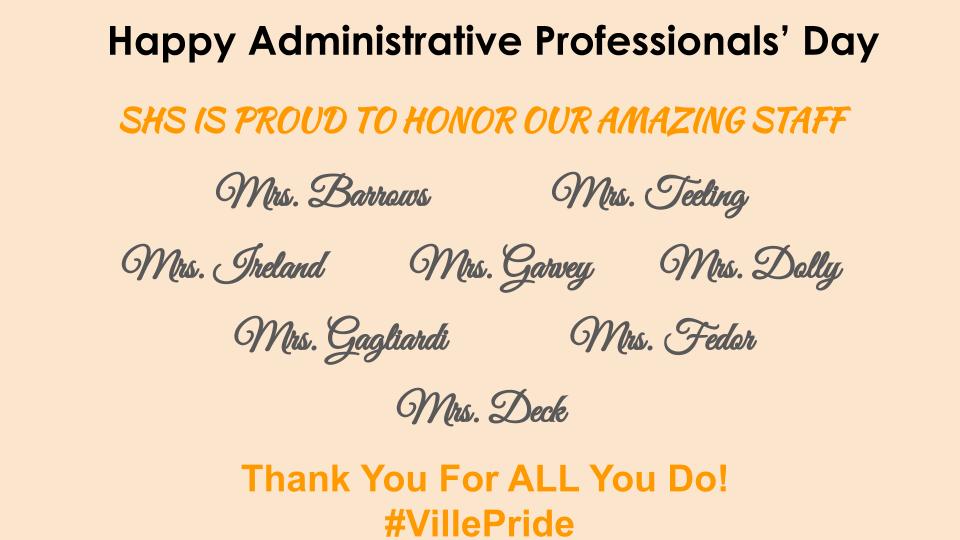 Happy #AdminProfessionalsDay! Today we recognize our dedicated &amp; hardworking team at SHS!  #thankyou #VillePride <a href="/SomervilleHSNJ/">Somerville High School</a>