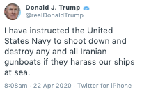 Uhhh...Left, Fox & Friends, 7:31 a.m."Just last week, armed Iranian boats were caught on camera performing dangerous maneuvers around our warships in the Persian Gulf."Right, Trump, 8:08 a.m.