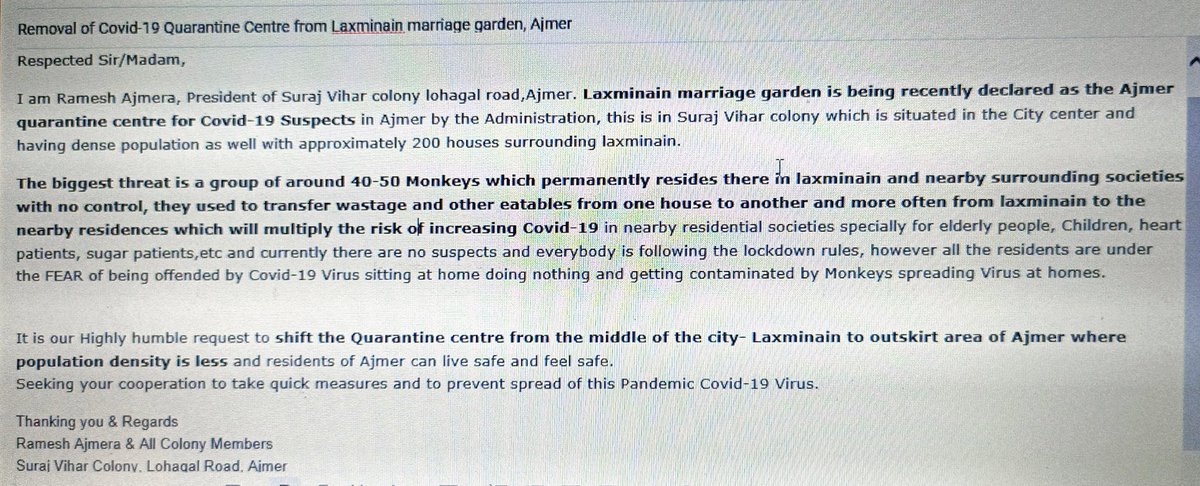 @PMOindia @AjmerCollector @MoHFW_INDIA @RajCMO @RaghusharmaINC #StopCOVID spread in Ajmer-Laxminain Quarantine center in resi. area posing risk of spread fr ppl residing nearby due to presence of Monkeys. Plz shift center to outskirts before its too late. facebook.com/23405774659574…