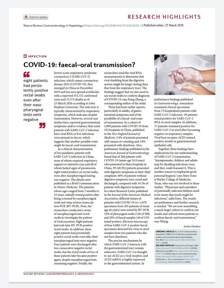 And now a research says Virus can aldo spread through faecal transmission. Many patients in China were tested for rectal swabs apart from oral/nasal swabs and tested poistive again thru rectal swabs. Even Shi Zhengli in her February 2020 paper states China testing both swabs.