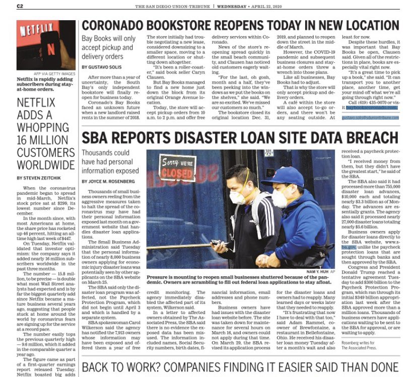 We need some good news these days. So excited to read <a href="/sdut/">The San Diego Union-Tribune</a> that #BayBooksCoronado our only independent bookstore in the South Bay, re-opened today! #Coronado #indiebookstore