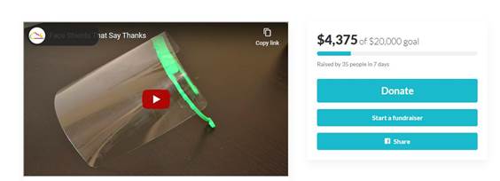 InventorCloud's tweet image. In just one week, generous donors have contributed over $4,000 to provide more than 650 personalized face shields for our essential healthcare workers.  If you would like to donate, please visit the charity page at: 
charity.gofundme.com/o/en/campaign/…