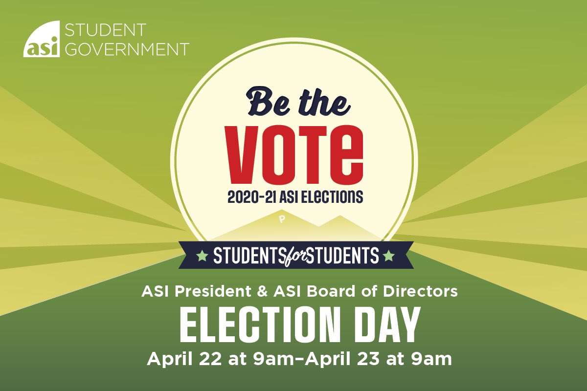 CalPolyCENG's tweet photo. Vote for your 2020–21 ASI president and ASI Board of Directors! Voting opens today, April 22 at 9 a.m. and closes Thursday, April 23 at 9 a.m. Cast your vote at https://t.co/5lQk8Txvm9 or through your Cal Poly Portal. #StudentsforStudents #ASIElections #ASIStudentGovernment https://t.co/tpjUjQWEkx