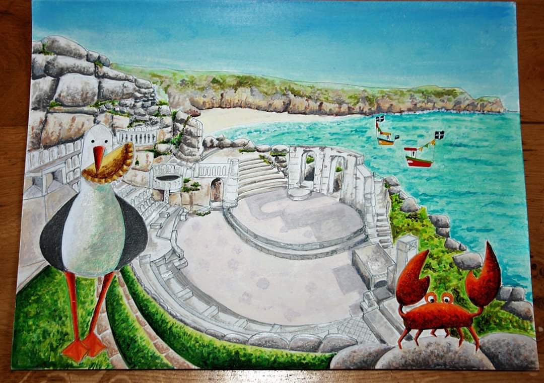 My. Latest creation #pastythief and #crab on a day out at the @minacktheatre #beautifulcornwall available soon as greeting cards and prints #cornishartist