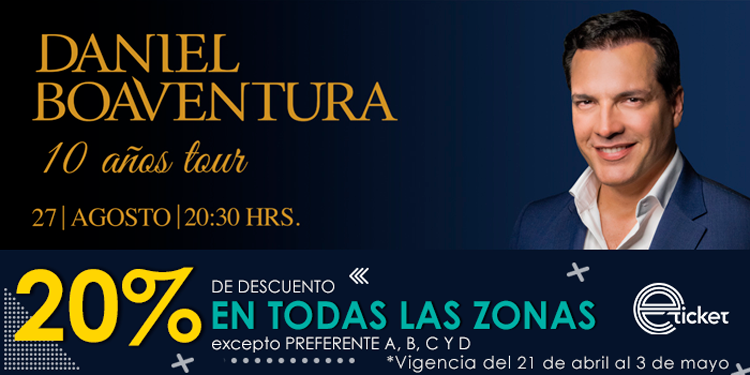eticket's tweet photo. #CDMX ✨ @DBoaventuraReal celebra 10 años de éxitos el próximo 27 de agosto en el @AuditorioMx
#AbrilContigo trae para ti 20% de descuento para que te deleites con un gran concierto.
Consulta zonas y boletos aquí 👉 https://t.co/sWRUhWK4SB https://t.co/TDg8fSsXlm