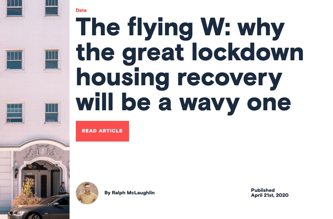 Happy to release our first round of housing market forecasts this morning. We'll be updating these forecasts on a monthly basis going forward. Our models suggest the housing market recovery will look like a "flying W." Here's a summary thread:  https://haus.com/resources/the-flying-w-why-the-great-lockdown-housing-recovery-will-be-a-wavy-one