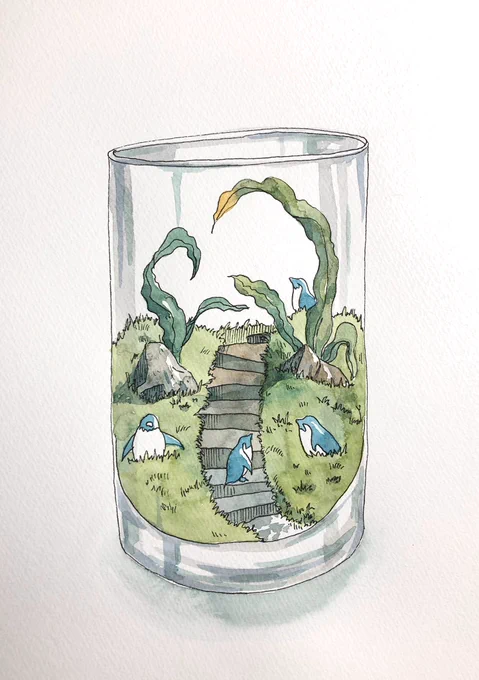 アクアリウムペンギン。
ペンで水彩で描いたみた。

#イラスト
#ペンギン
#水彩画 
