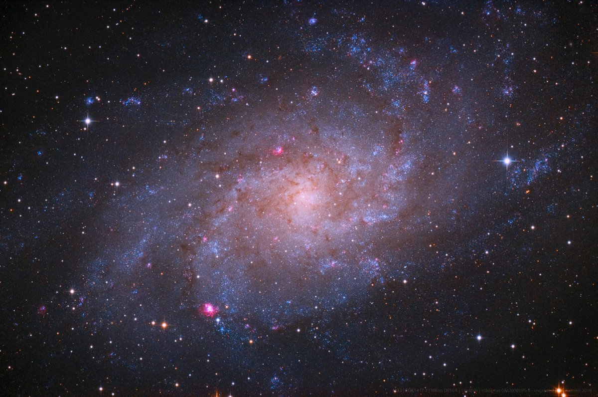 La galaxie du triangle- M33Cette galaxie est très connue chez les astrophotographes, Elle est distante de seulement 2,7 millions d’années lumière de nous, pour un diamètre de 60000 années lumière. Se situe dans la constellation du triangle.