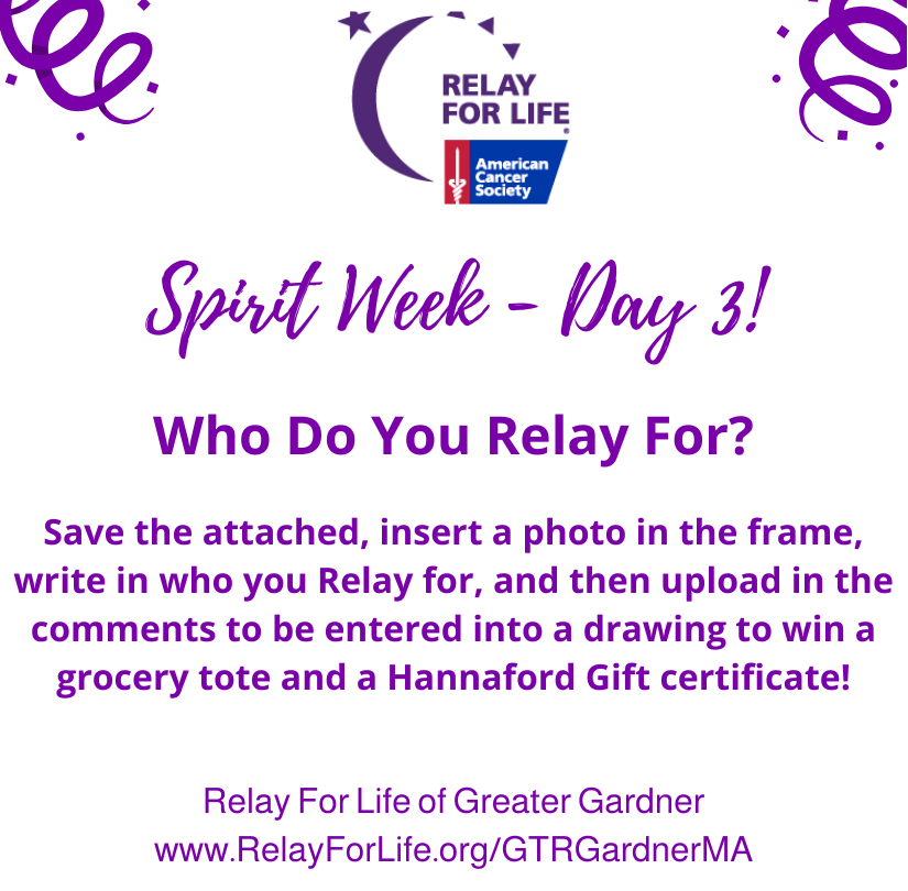GtrGardnerRFL's tweet photo. Spirit Week – Day 3! We want to know – who do you Relay for? Head over to our Facebook page to participate! #relayforlife #relayforlifegreatergardner https://t.co/An5TXRI7AU