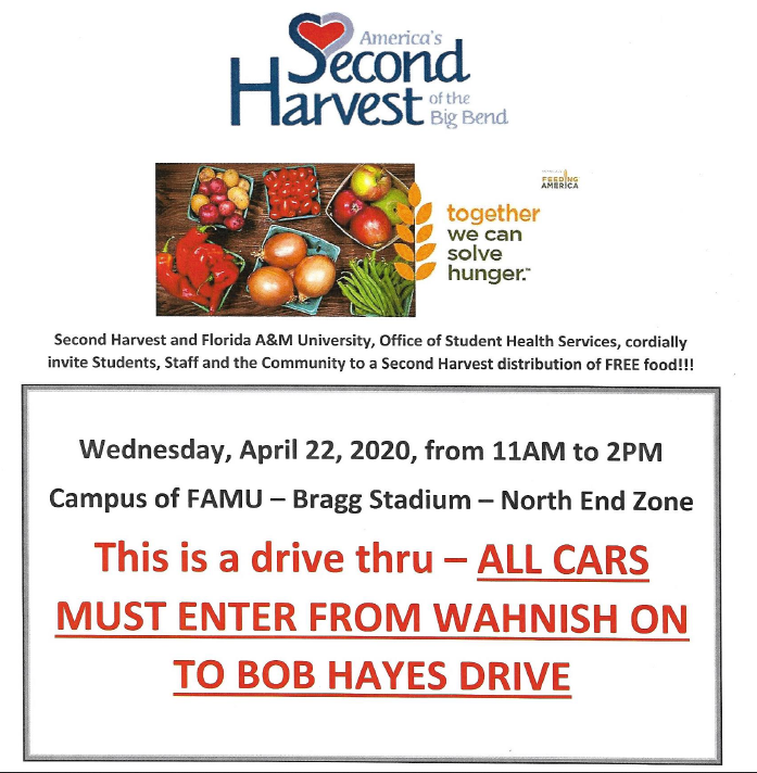 Food running low? We have a large food distribution TODAY from 11:00 AM to 2:00 PM. This distribution will be Drive-In Only at Bragg Stadium. Enter from Wahnish Road onto Bob Hayes Drive. The earlier you arrive, the better!