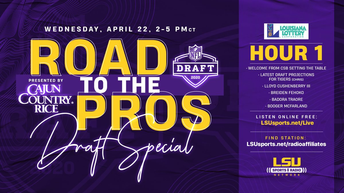 LSUfootball's tweet photo. Chris Blair hosts the #NFLDraft Preview Show on Wednesday featuring @Coach_EdOrgeron, @Joe_Burrow10 and more! 
🔗 https://t.co/cEDtoORfho https://t.co/HjbwVV7oA8
