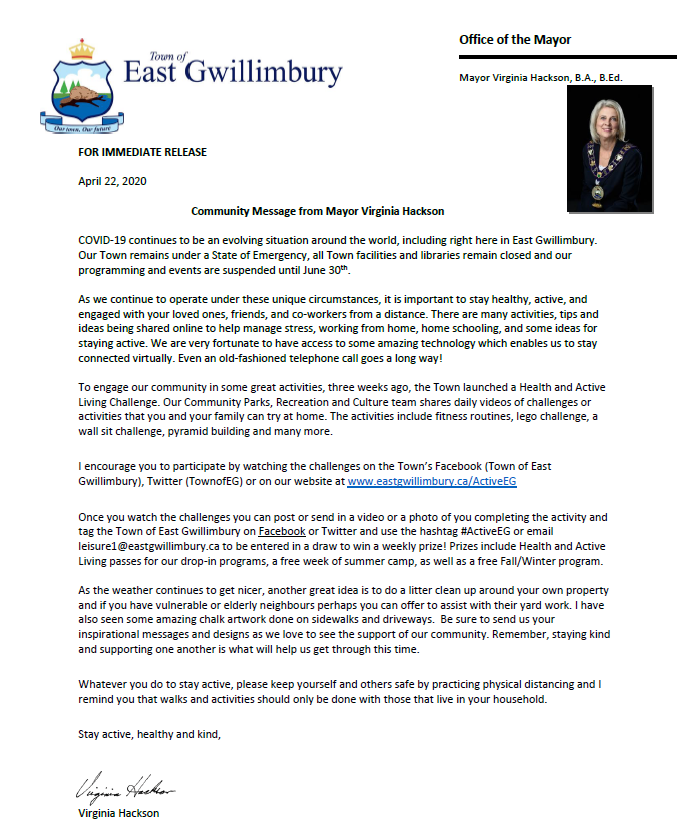 townofeg's tweet photo. Today’s update from Mayor Virginia Hackson focuses on our new Health & Active Living Challenge. Read the message ⬇️ for more info on how you can participate & get active! To view past videos from our #ActiveEG challenge, please visit our website at: https://t.co/OpBuYdSE2U https://t.co/YcvSByB7MX