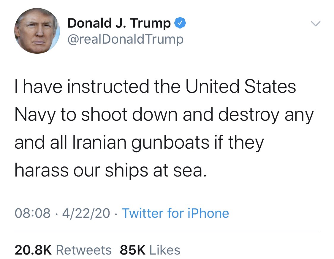 US President tweets that he has “instructed US Navy to shoot down and destroy any and all Iranian gunboats if they harass our ships at sea”  https://twitter.com/realdonaldtrump/status/1252932181447630848?s=21  #iran  #us  #navy  #gulf  https://twitter.com/realdonaldtrump/status/1252932181447630848