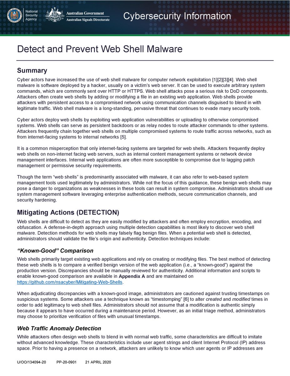 NSAGov's tweet photo. Malicious cyber actors are actively using web shells in their intrusion campaigns.

Protect your networks—apply the mitigations listed in the @NSAGov and @ASDGovAu #Cybersecurity Information Sheet found here: 
https://t.co/5BGbm1Ewy0 https://t.co/6BUf9UV2t1