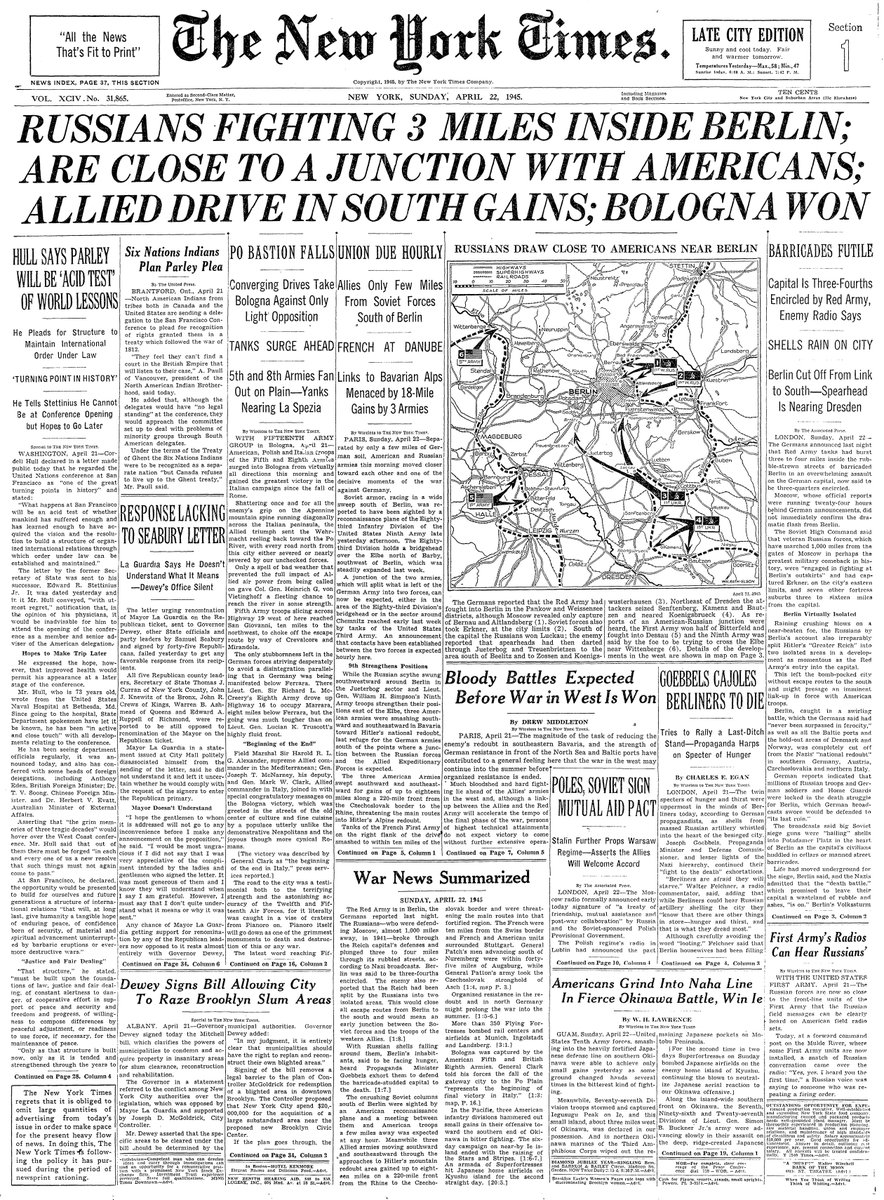 April 22, 1945: Russians Fighting 3 Miles Inside Berlin; Are Close to a Junction with Americans; Allied Drive in South Gains; Bologna Won  https://nyti.ms/2yzqbbM 