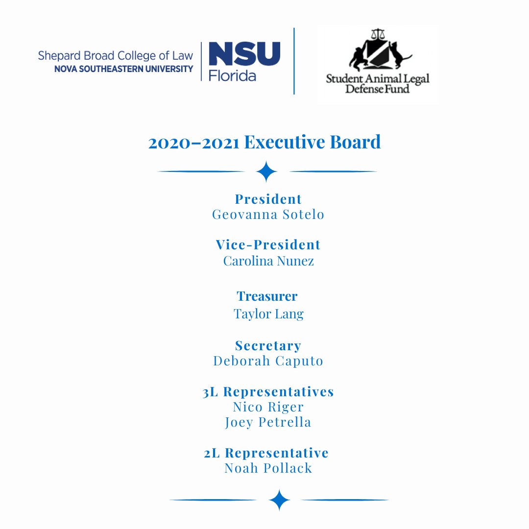 NSULawCollege's tweet photo. On behalf of the #NSULaw Student Animal Legal Defense Fund, please join us in welcoming the 2020–2021 Executive Board Members! Congratulations to these outstanding individuals on their accomplishment! #NSUFlorida #SALDF https://t.co/0MlTbNKncP