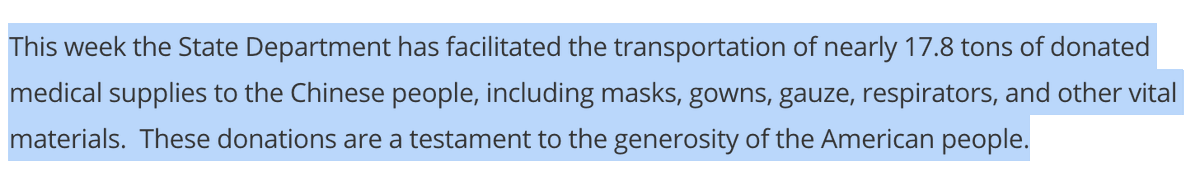 2/ Trump sent China 17 tons of American medical supplies. How do we know? His own State Department and  @SecPompeo bragged about doing in a February 7 press release LINK:  https://bit.ly/2KoCvhH 