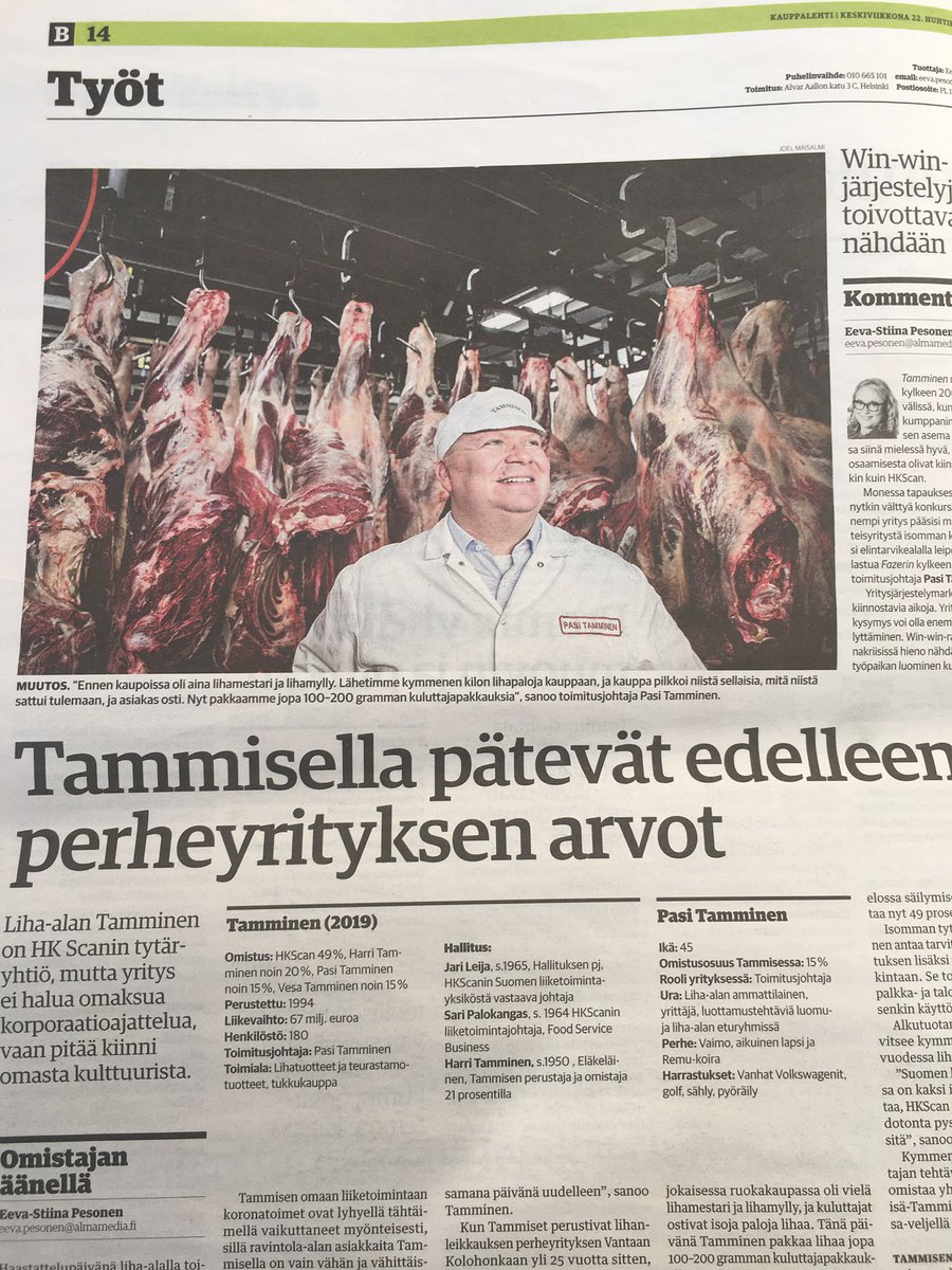 Olipas hyvä juttu @Pasi_Tamminen tänään klehdessä! @HKScanFinland Erikoistuminen, paikallisuus, brändi, luottamus vievät yhtiötä eteenpäin. #liha @ETL_fi