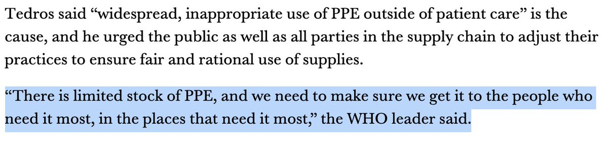 4/ The WHO announcement said, “There is limited stock of  #PPE, and we need to make sure we get it to the people who need it most, in the places that need it most.” @realDonaldTrump did not make sure that our heroes had what they needed to stay safe and treat  #COVID patients.