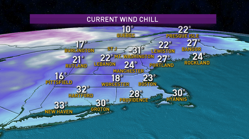 DeniseWX's tweet photo. Good morning! As of 9am, wind chills are in the teens north to around 30 south. Completely unacceptable #MotherNature! Highs today will be 10-15 degrees cooler than average. Bundle up! At least it stays mostly dry. @NECN #ChillyWednesday https://t.co/zioVypZEJg